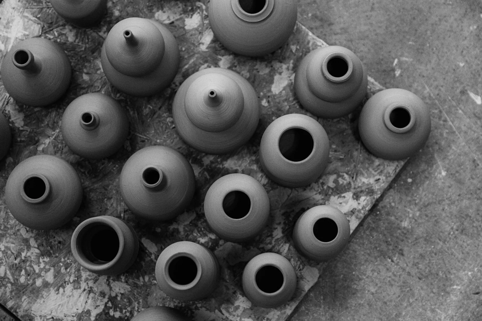 Clay vases photographed from above